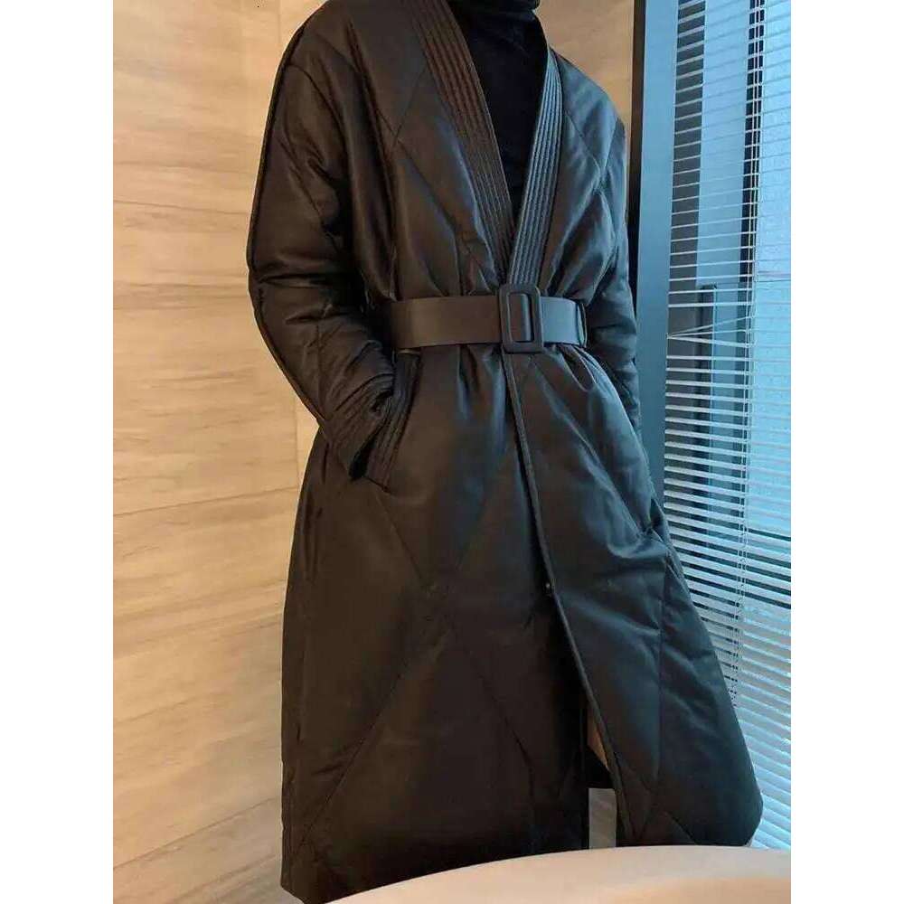 Black Fashion Cotton Jacket V Neck Long Sleeves Belt Gathered Waist Female Classic Winter Clothing New 2DB1405