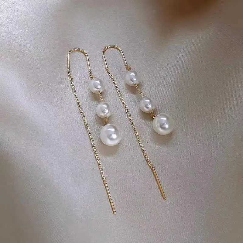 Korean Exquisite Imitation Pearl Tassel Drop Earring For Women Shiny Zircon Flower Long Ear Line Geometric Earring Jewelry XJ250722