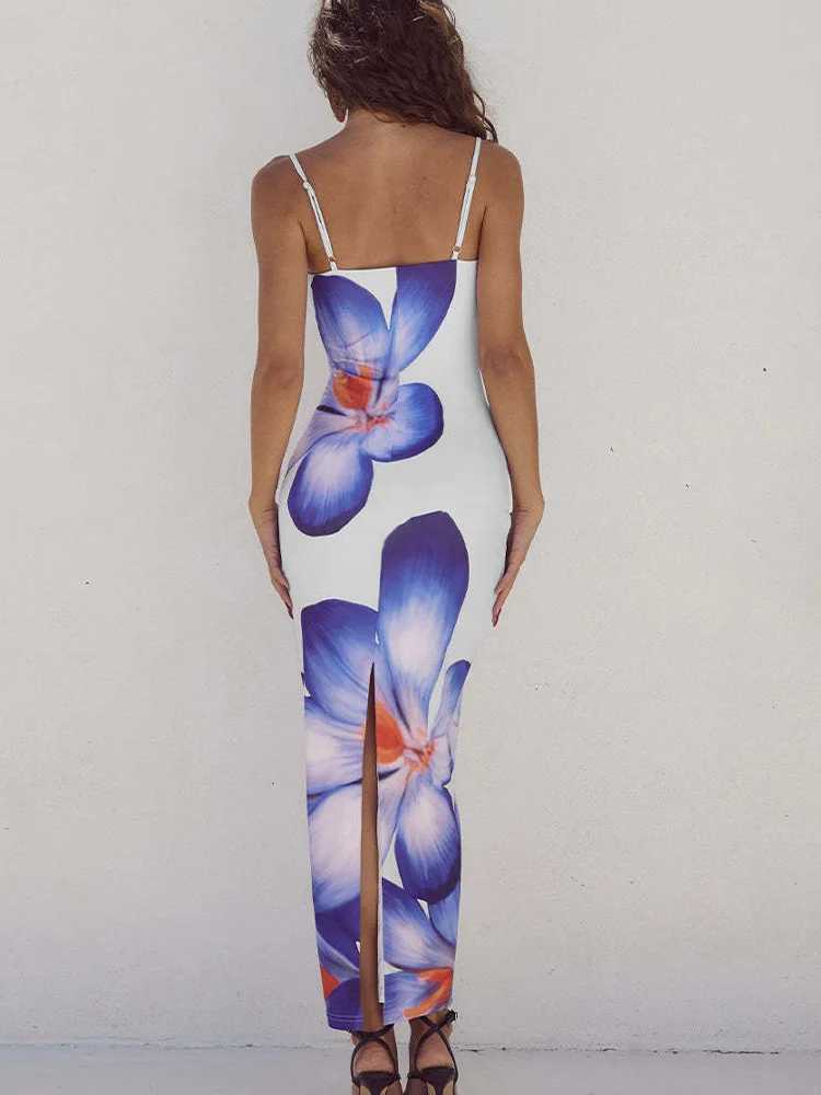 Womens Floral Print Long Dress Summer Spaghetti Strap Sleeveless Backless Bodycon Sexy Midi Gown Ele Casual Fashion XJ250722