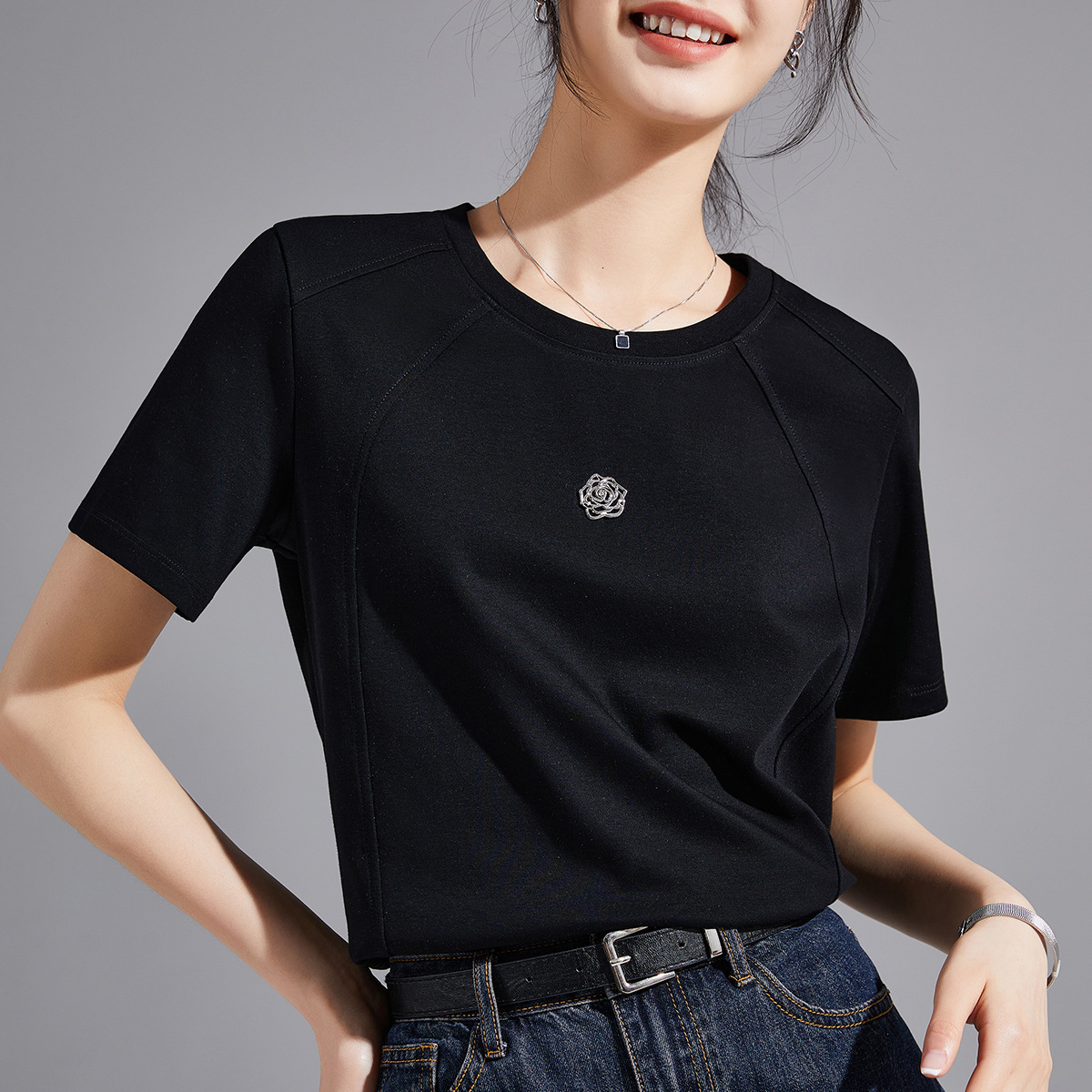 Camellia Liquid Ammonia White Short Sleeve Regular Shoulder TShirt for Women 25 Summer Mercerized Cotton Round Neck Base Shirt Womens TShirt Half Slee