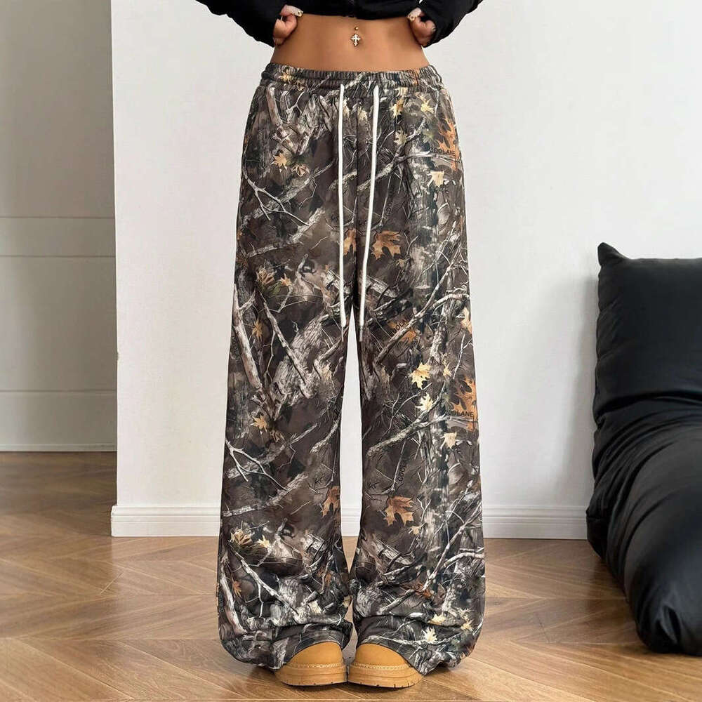 American Style Youth Women's Fashion Casual Elastic Waist Camouflage Print Slimming Wide-Leg Floor-Length Pants B5