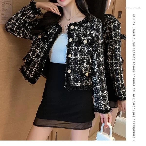 Women's Jackets Autumn Winter Fashion Korean Chic Vintage Tweed Woolen Jacket Coat Plaid Tassel Outerwear Elegant Slim Streetwear Coats