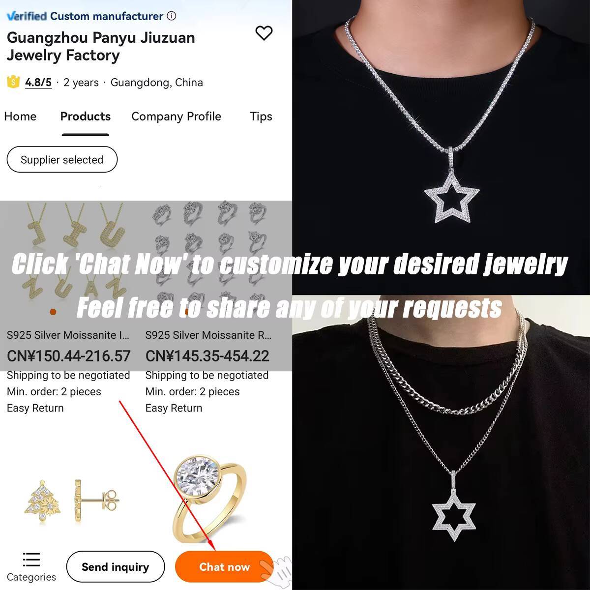 Star Moissanite Pendant Necklace 925 Sterling Silver 18K Gold Plated Full Moissanite Pave Modern Hip Hop Streetwear Style