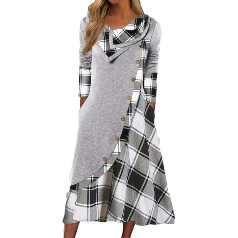 Women's Striped Plaid Patchwork Pocketed Pile Collar Plus Size Long Sleeve Dress B5