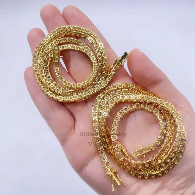 GRA Certificated 3mm 4mm Sterling Silver Gold Plated champagne Tennis Moissanite Chain