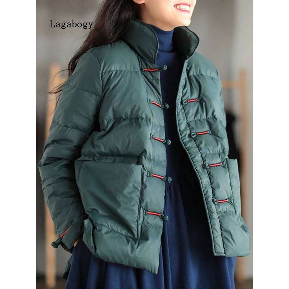 Lagabogy New Winter Warm White Duck Down Coat Women Vintage Slim Short Jacket Autumn Female Embroidery Casual Basic Parkas
