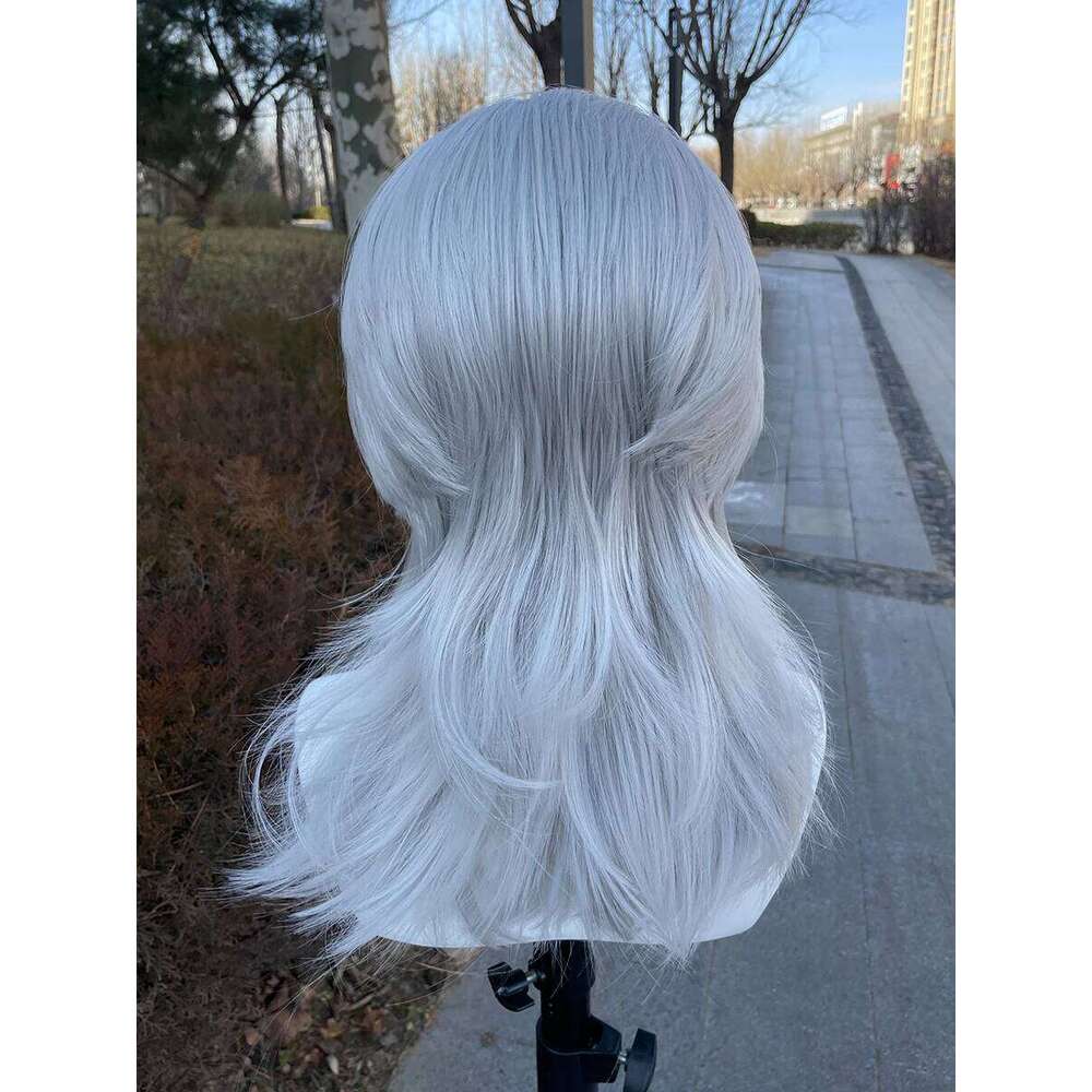 Sliver Gray 13X4 Lace Front Wig For Women Cosplay Human Hair Shoulder Length Mullet Synthetic Layers Ponytails Glueless Wigs