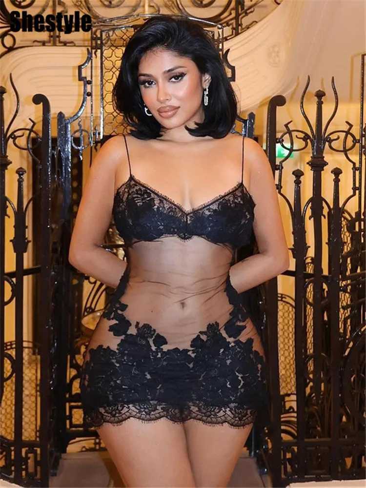 Shestyle Lace Transparent Mini Dress Sexy Women Wrapping Spaghetti Embroidery Flower Sheath Nightwear Club Mesh Wave Fantasy XJ250722