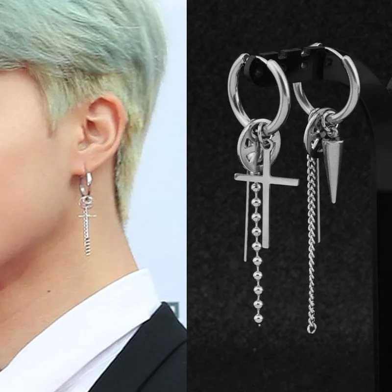 1 PC Boy Korean Punk Stainless Steel Cross Hoop Earring For Men Long Chain Tassel Moon Rock Hip Hop Piercing Stud JewelryXJ250722