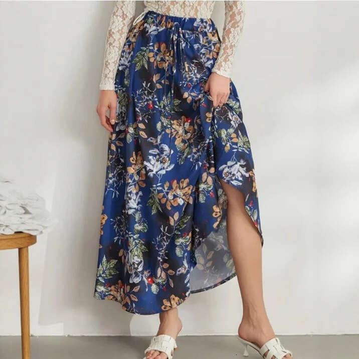 New Style Swing Elastic Waist Tie Print Double Pocket Midi Skirt For Women B5