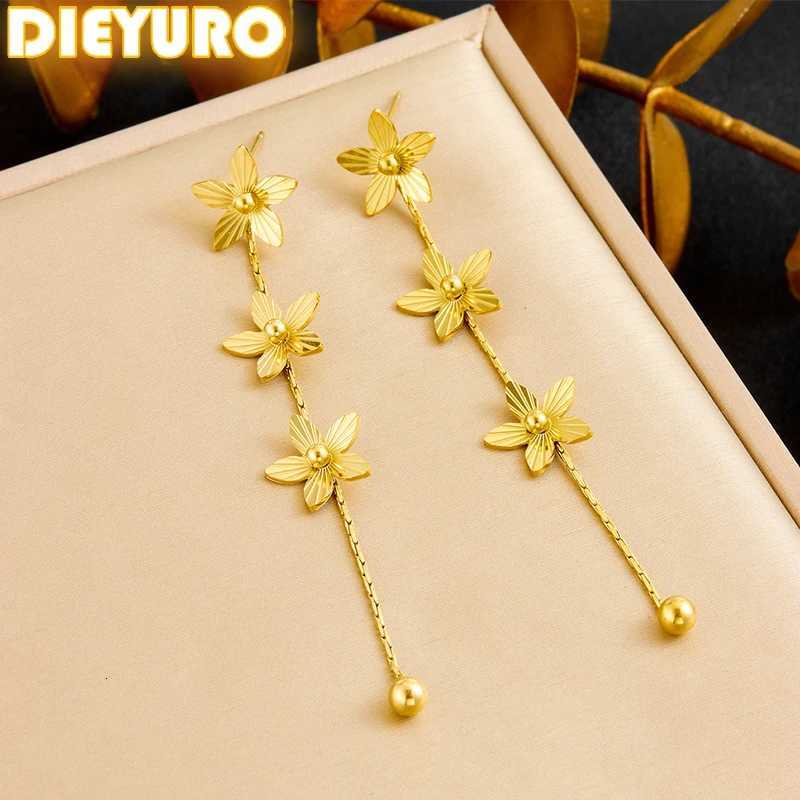 316L Stainless Steel Golden Petals Flower Round Beads Tassel Earrings for Women Fashion New Trend Ear Buckle Jewelry Gift XJ250722