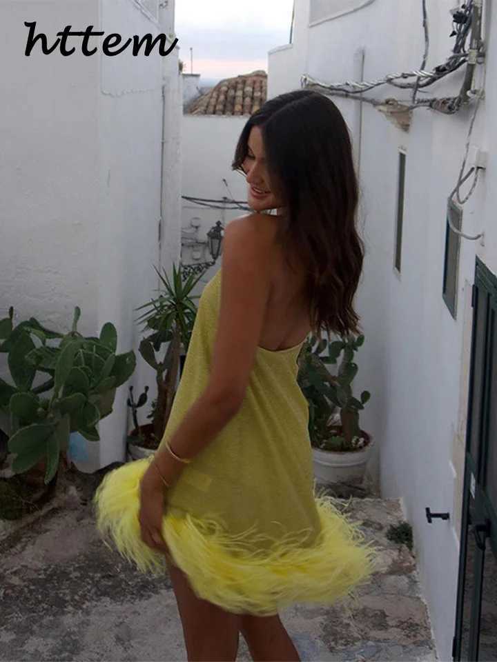 Sexy Feather Glitter Halter Short Dress Women Sleeveless Backless Yellow Fe Party Dresses 2025 Summer Lady Beach A-line Dress XJ250722