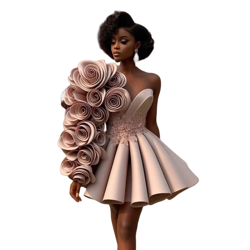 Flowers One Shoulder Short Prom Dresses Pleats Satin A-Line Cocktail Party Gown Sweetheart Neckline Customized Birthday Party Occasion Dress