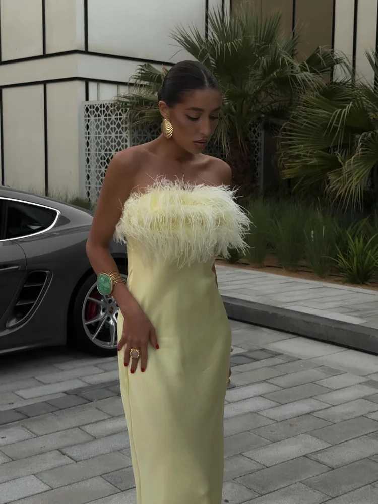 ellow Feather Splicing Satin Strapless Dress Women Chic Sleeveless High Waist Slim Long Dresses Lady Summer Party Dresses XJ250722
