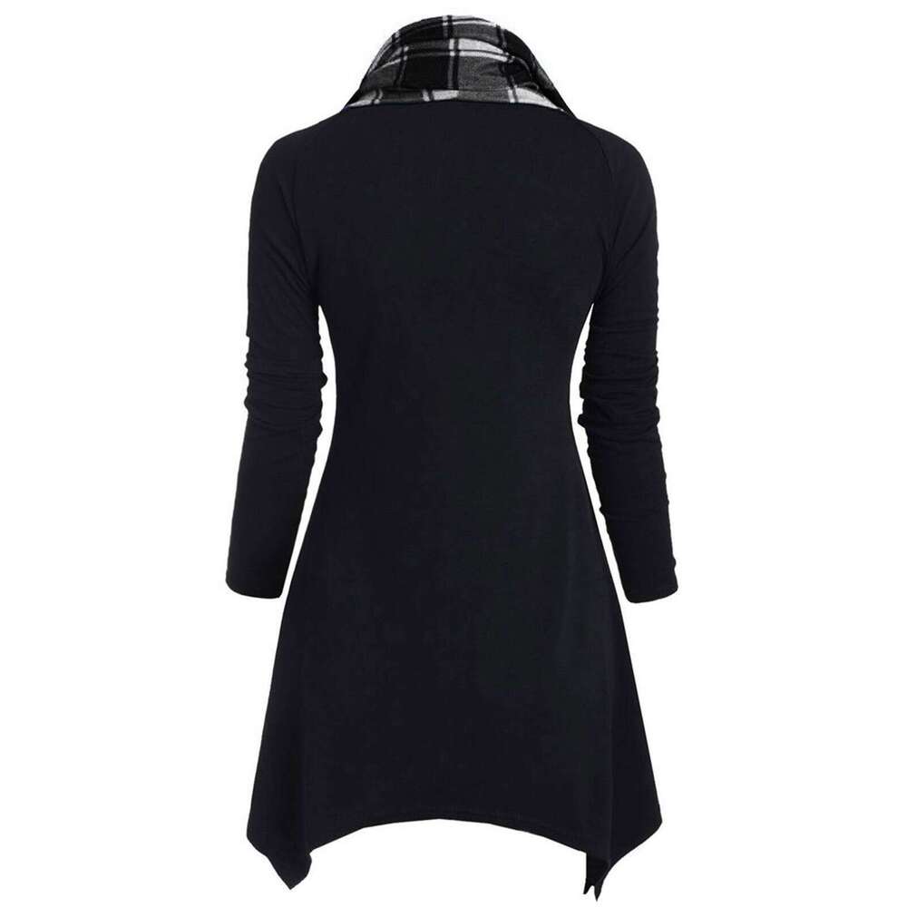 Autumn Winter Women's Color Block Plaid Double Layer Hooded Diamond Hem Mid-Length Dress Light Luxury B5