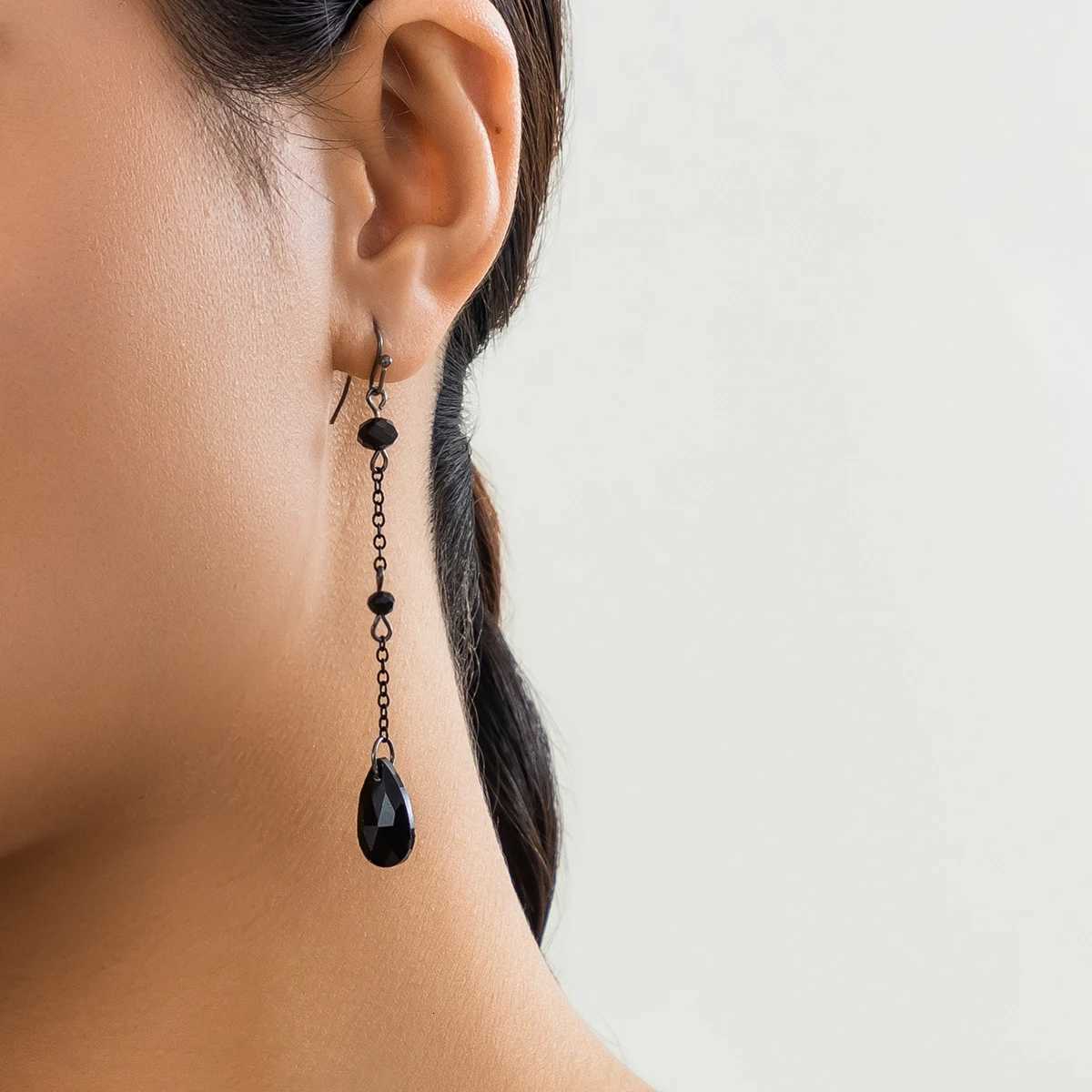 10pcs Gothic Black Crystal Long Tassel Pendant Earrings for Women Punk Metal Link Chain Drop Earrings Party Jewelry Gift XJ250722
