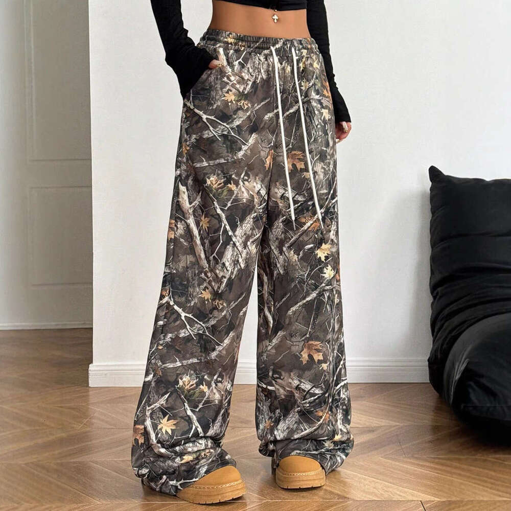 American Style Youth Women's Fashion Casual Elastic Waist Camouflage Print Slimming Wide-Leg Floor-Length Pants B5