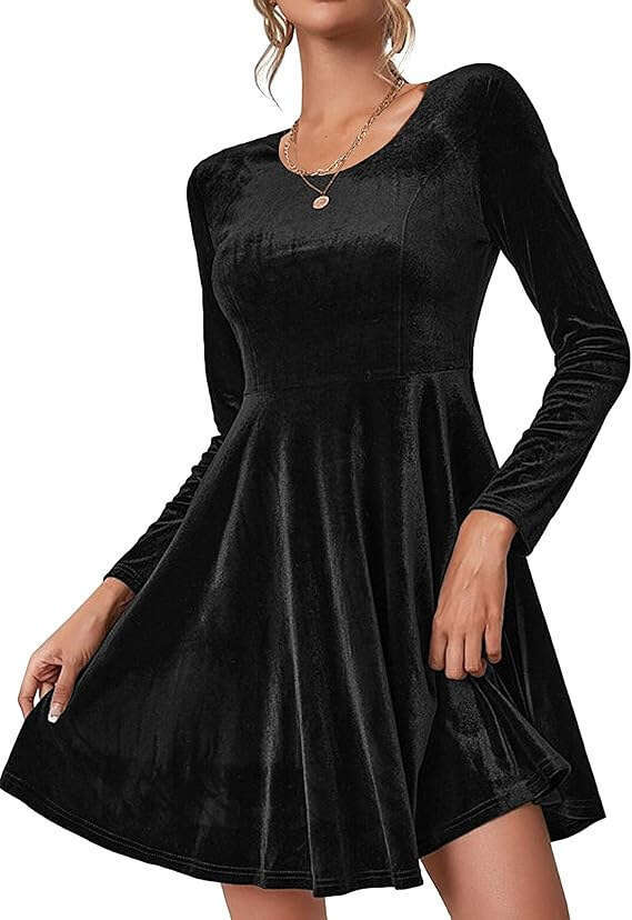 Autumn Winter New Women's Long Sleeve Round Neck Flared Velvet Dress Black Green B5