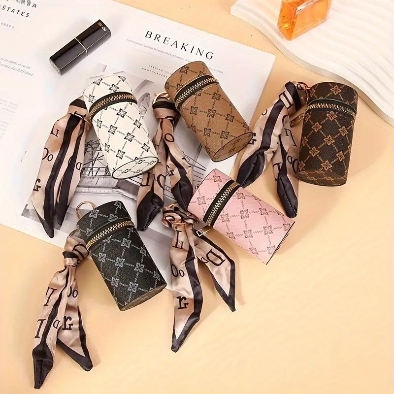 Bag Charms Vintage Floral Print Coin Purse & Keychain - Portable Lipstick Holder Wallet for Women, Retro Key Ring Accessory