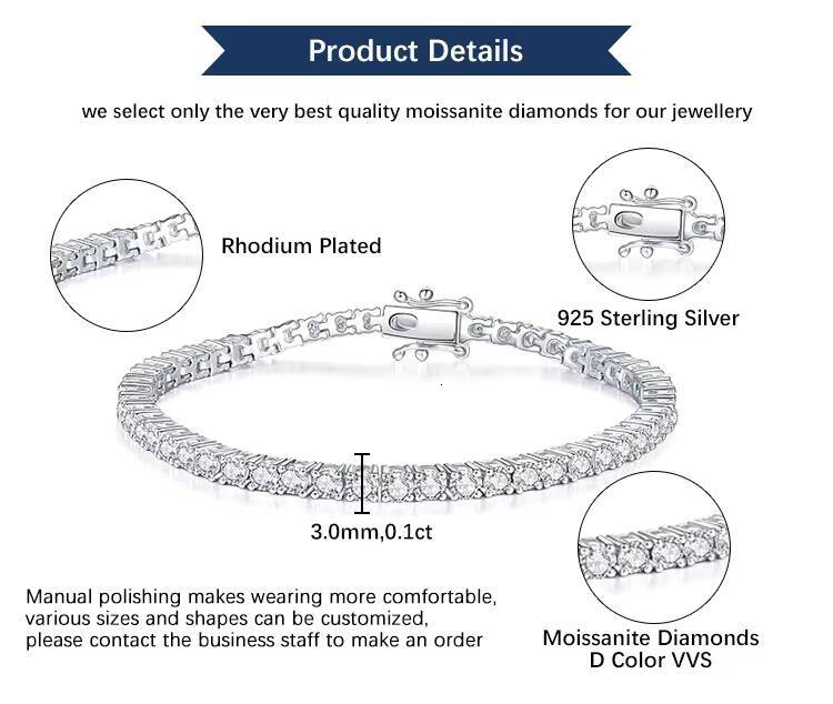 Goldleaf Custom 3mm 4mm 5mm GRA Certificate D Color VVS Mossanite Tennis Necklace Bracelet 925 Sterling Silver Moissanite Chain