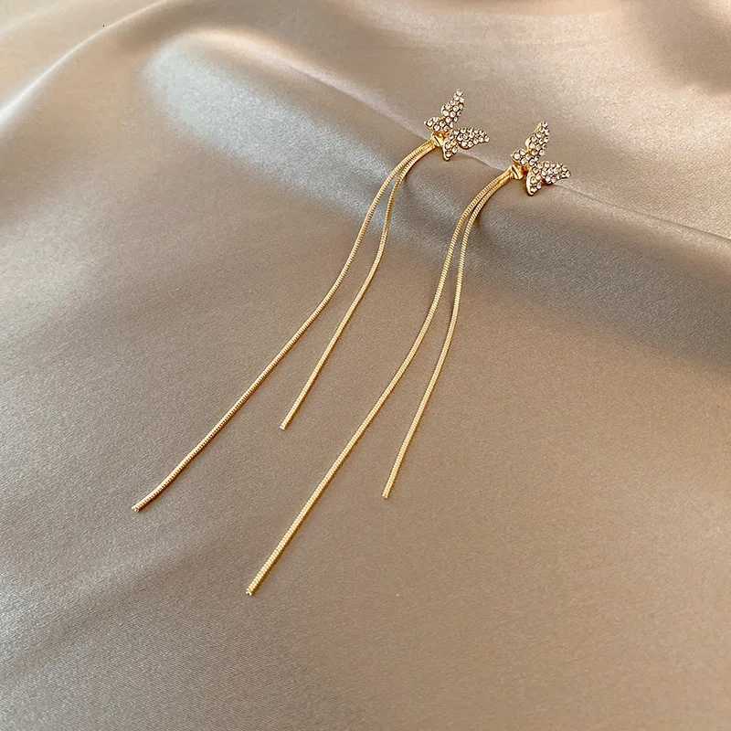 Korean Gold Color Long Tassel Earrings For Women Fashion Crystal Butterfly Heart Star Dangle Earrings Elegant Party Jewelry XJ250722