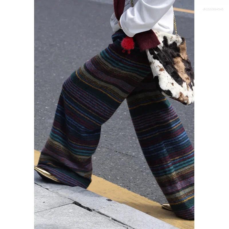 Women's Pants YueJuXing Of The Season Retro Color Block Striped Knitted Casual Long Slimming Design Straight Leg Woolen Wea Z260314
