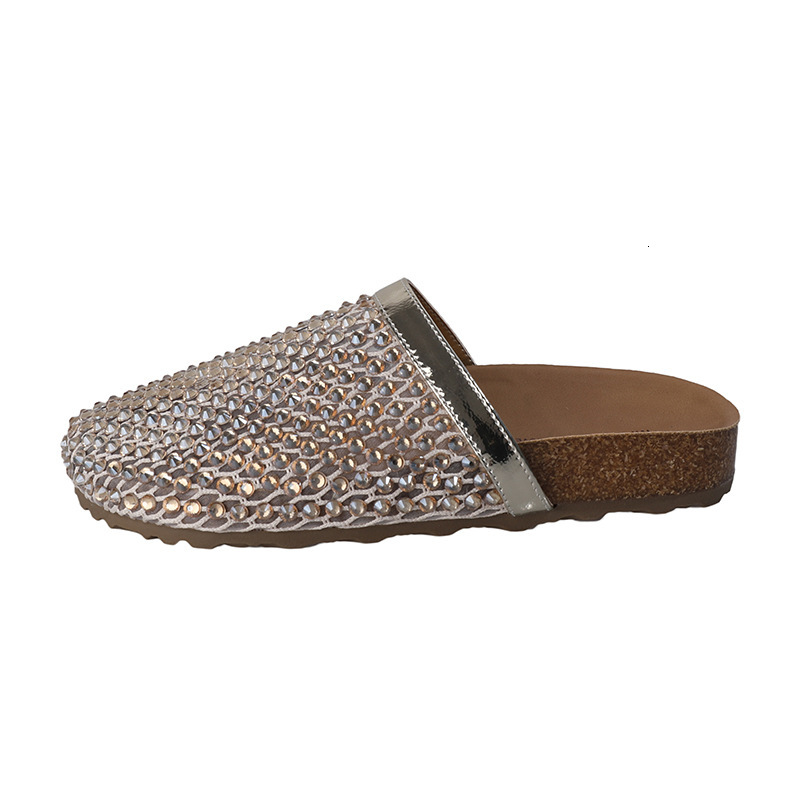 Luxury Brand Designer Shoes French Style Rhinestone Flat Slippers For Women 2025 New Retro Fashion Elegant Comfortable Closed-Toe Half Slippers With D