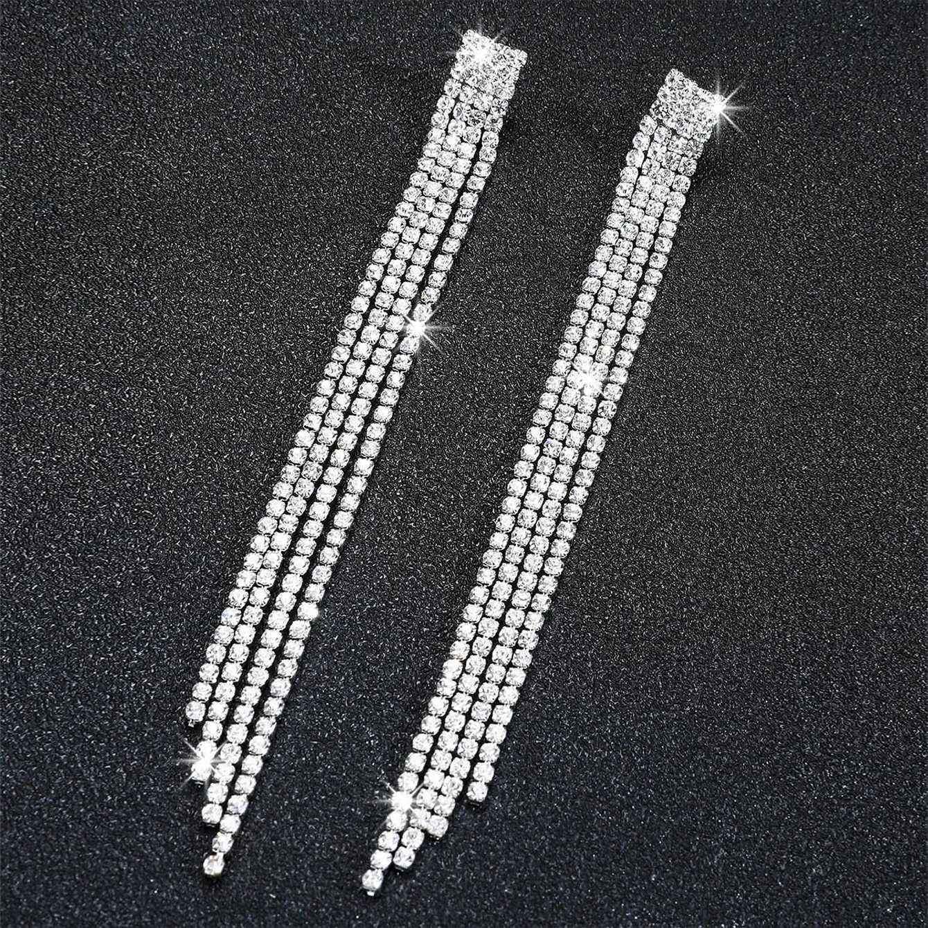 TREAZY Shiny 4 Lines Rhinestone Crystal Tassel Long Earrings for Women Wedding Party Hanging Dangle Earrings Bridal Brincos XJ250722