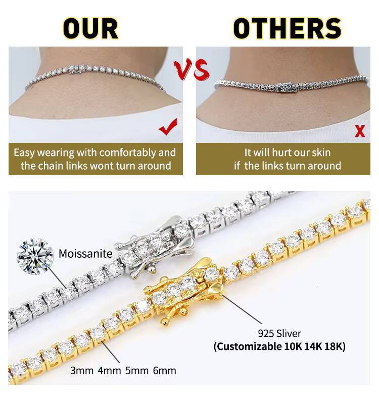 YiDiS Fine Jewelry VVS Moissanite Tennis Necklace 925 Sterling Silver Round Cut Pass Tester Shiny Luxury Chain for Men Women