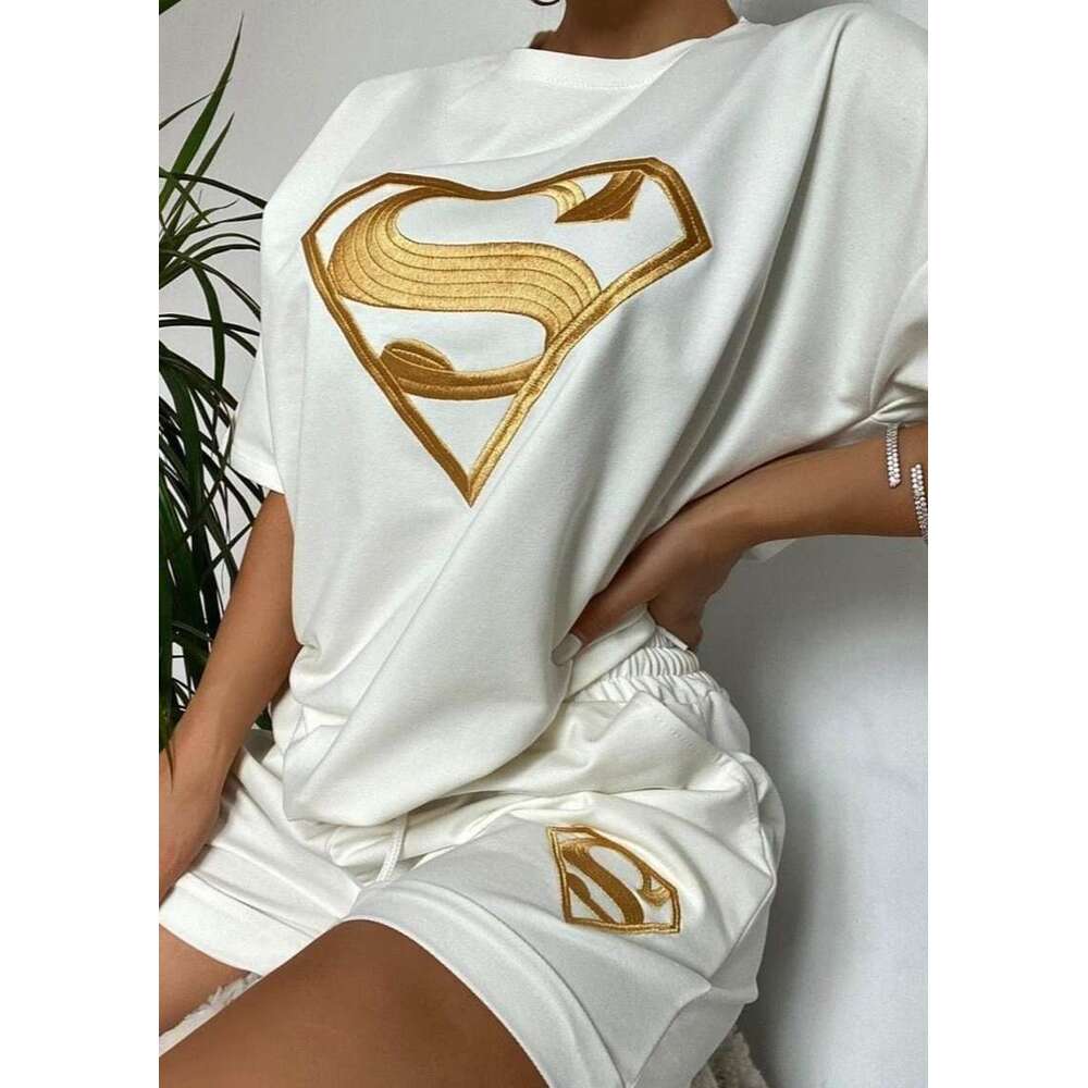 Women's Summer New Embroidered Sports Casual Shorts And Sweatshirt Set B5