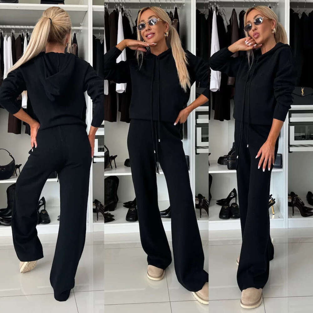 Autumn Winter New Casual Suit Women Solid Color Hooded Long Sleeve Sweatshirt Drawstring Wide Leg Pants Two-Piece Set B5