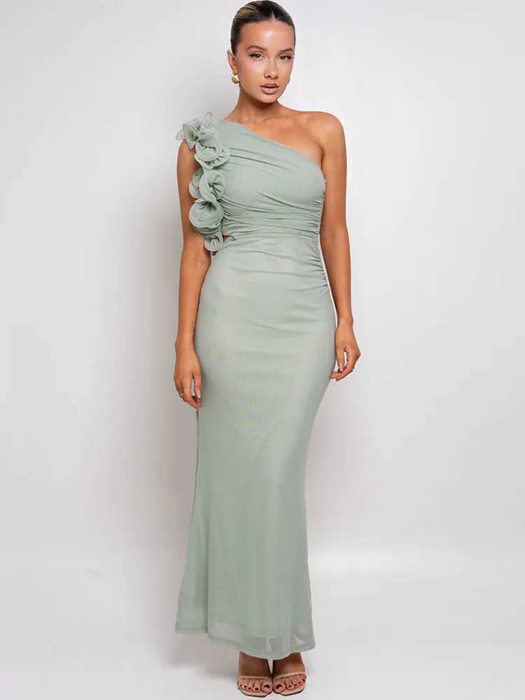 Articat Ele Sveless Slant Shoulder Flower Dress Women Spring/Summer 2025 Sexy Mesh Wrap Hip Dress Party Evening Dress XJ250722