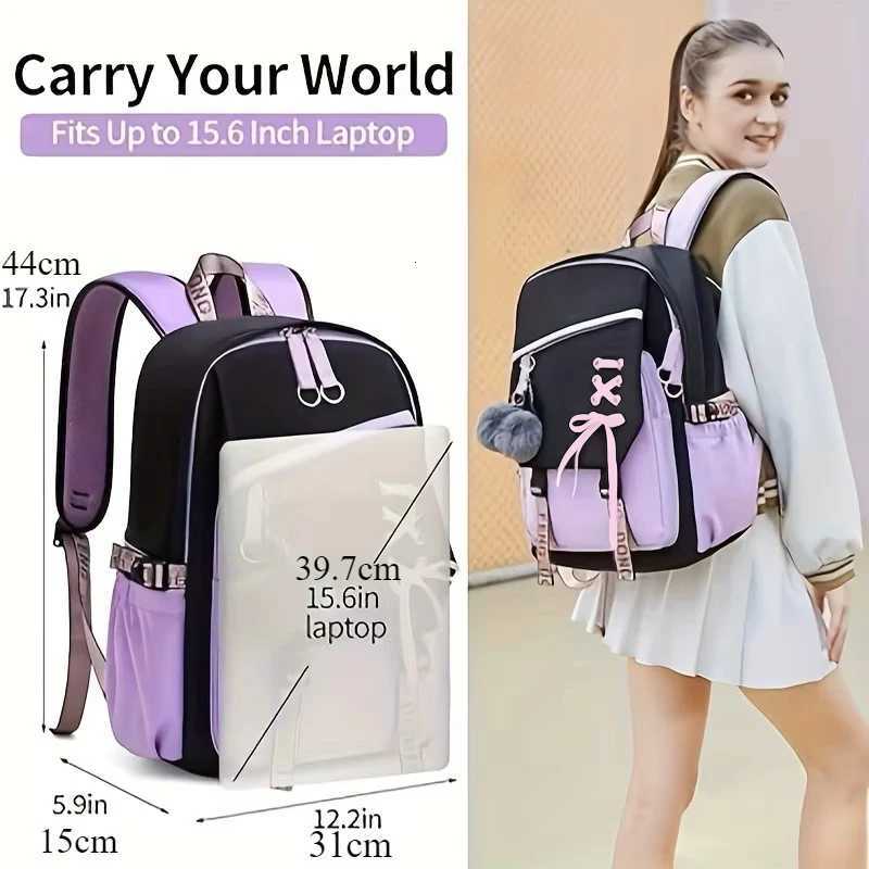 Large Capacity Schoolbag with Cute Plush Pendant Cute Girls Backpack Waterproof Nylon Fabric Bookbag for Kids Teens Students Y250722