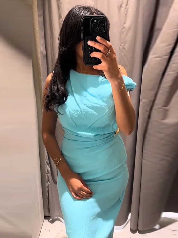 100% Womens Bodycon Maxi Dresses Sleeveless One Shoulder Dress with Gold Buckle Summer Chic Casual Lady Party Evening Outfit XJ250722