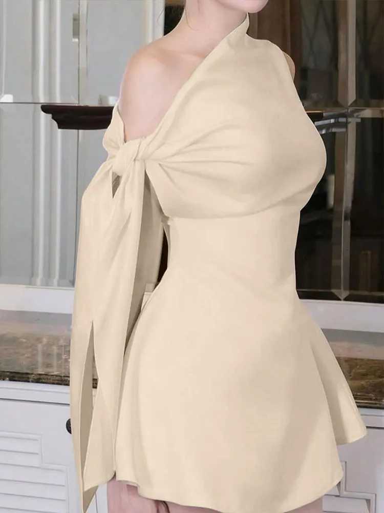 Summer New Women A-Line Dresses Streetwear Fashion Ribbon Skew Collar Casual Slim Dress Solid Sexy Off Shoulder Knitted Dresses XJ250722