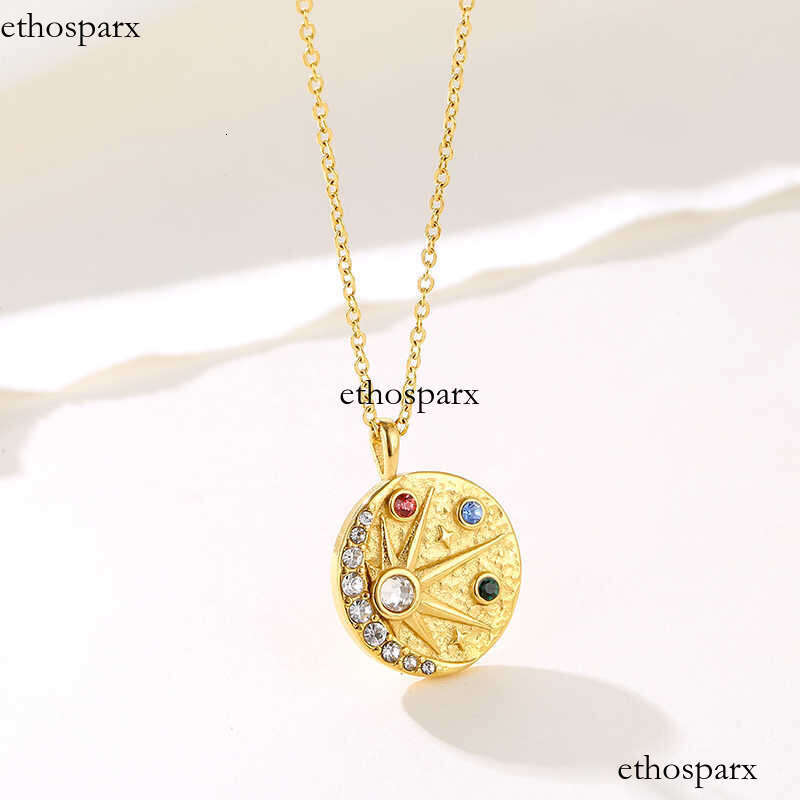 18K Gold Plated Stainless Steel Colorful VVS Moissanite Pendant North Star Sun moon relief hammer inlaid color VVS Moissanite round Necklace