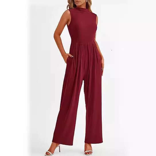 Women Elegant Summer Formal Casual Romper Sleeveless Ladies Wide Leg Jumpsuit With Pockets B5