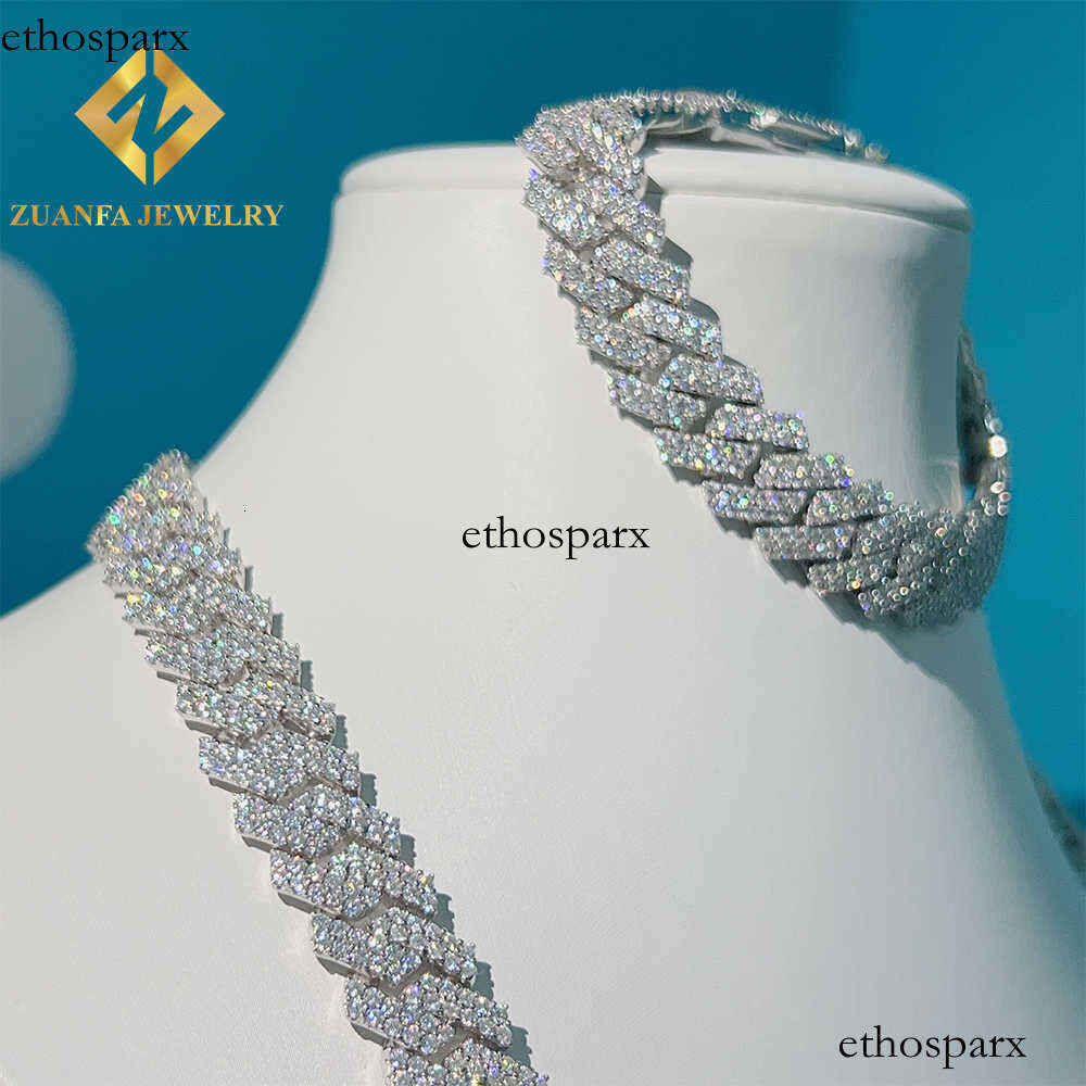 Hot sale ready to ship iced out diamond 13mm 2 rows stone VVS moissanite 925 cuban link chain