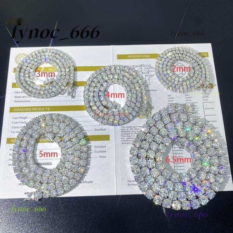 New Arrival Iced Out D Color 2MM 3MM 4MM 5MM 6.5MM VVS Moissanite Diamond 925 Sterling Silver Tennis Chain Necklace for Men