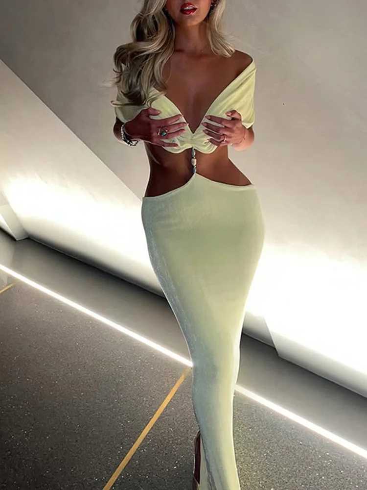 2025 Spring Summer Sexy Party Clubwear Women Ele Strapless Hollow Waist Maxi Dress Fashion Backless Pleated Bodycon Dress XJ250722