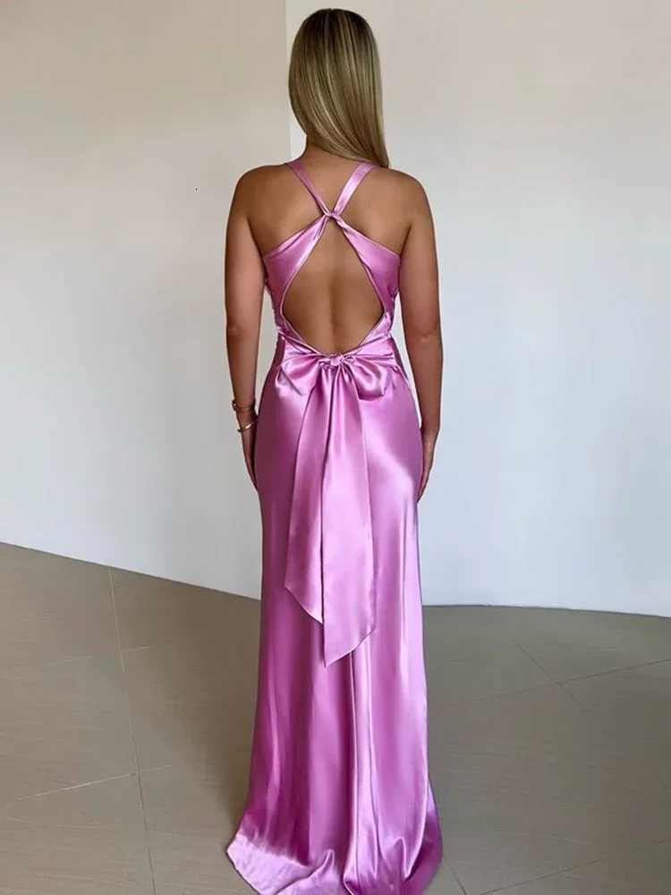 XIAOTANG Satin Bow Backless Sexy Maxi Dress for Women Gown Fashion V Neck Sleeveless Club Party Evening Dress XJ250722