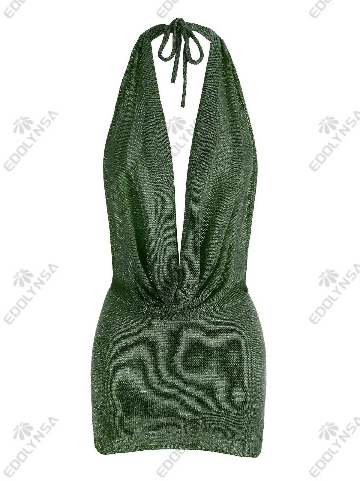 Sexy Stacked Deep V Neck Bright Silk Backless Knit Beach Mini Dress 2025 Women Summer Vacation Dresses (Belt not included) K145 XJ250722