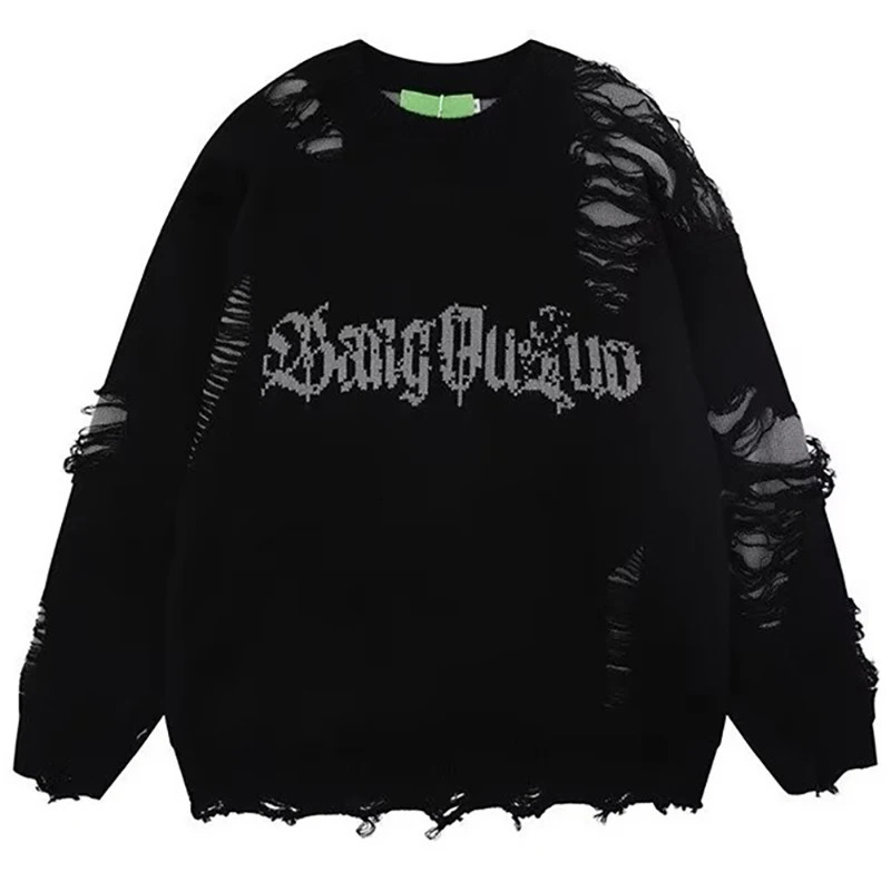 Hole Sweater Male Autumn Vintage High Street Gothic Dark Pullover Round-Neck Knit n Irregular Letters Oversize Sweater 250717