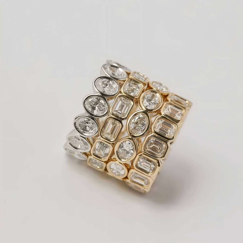 Igi Certified Lab Grown Emerald Oval Cut Bezel Eternity Band Rings 14k Pure Gold Synthetic Dia Ring