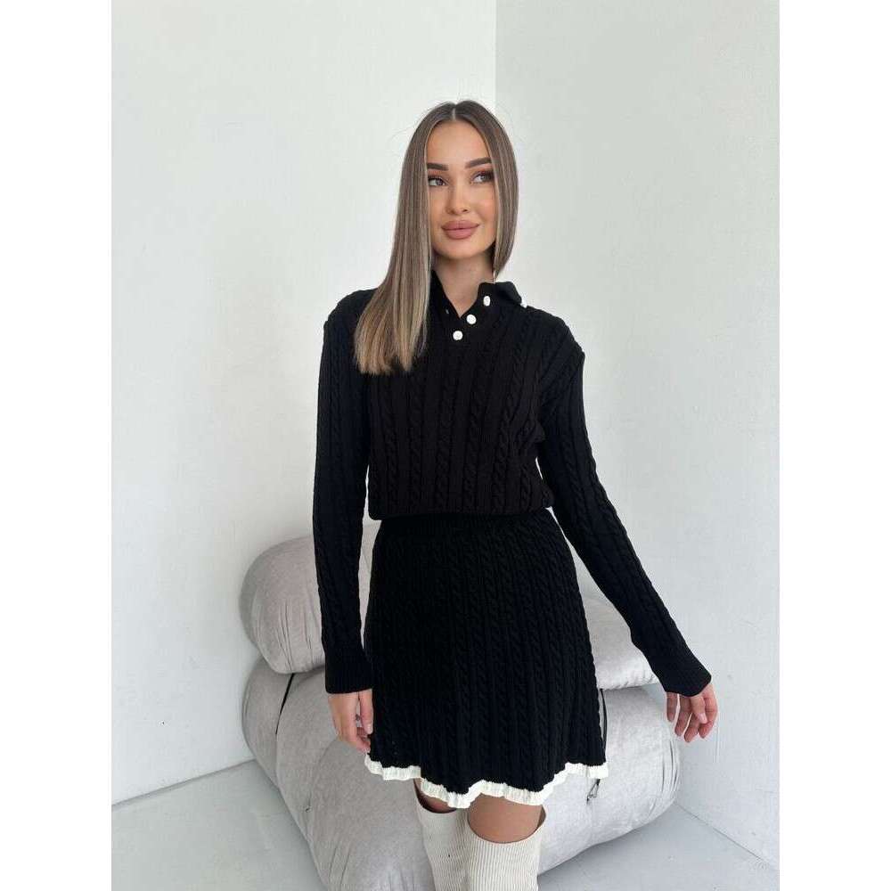 New Casual Dress Long Sleeve Knitted Button Sweater Short Skirt Two-Piece Set For Women B5
