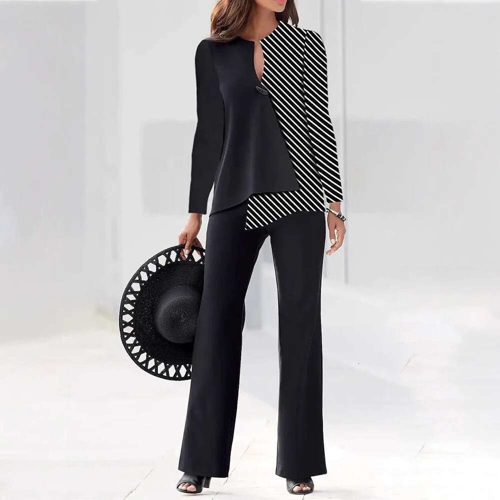 Spring And Autumn Fashionable Commuter Color Block Sleeve Long Pants Two-Piece Set Women's Clothing B5