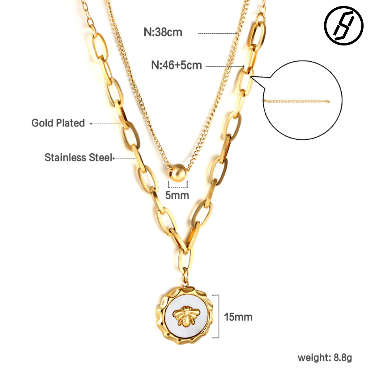 Japanese Korean Style Fashion Titanium Steel Pendant Inlaid with Zircon Trendy Personalized Accessories Three-ring Buckle Bee Necklace Designer Women&