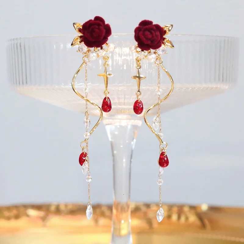 Luxury Crystal Velvet Rose Flower Tassel Earrings for Women Temperament Long Hanging Earrings Girls Bridal Party Wedding Jewelry XJ250722