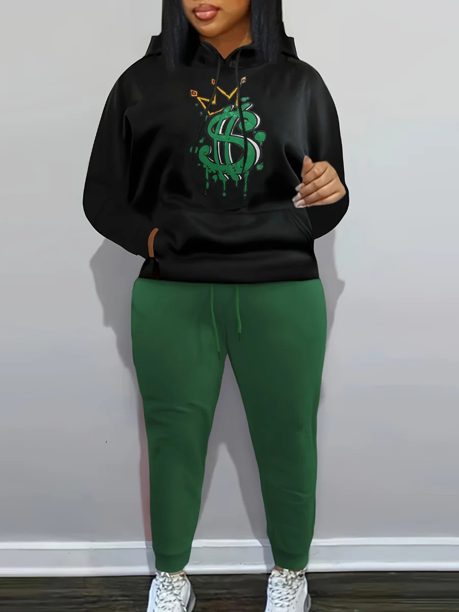 LW Plus Size Crown Letter Print Kangaroo Pocket Tracksuit Set Women Hooded Collar Sweatsuit Fall Long Sleeve Two Pieces Outfit 250714