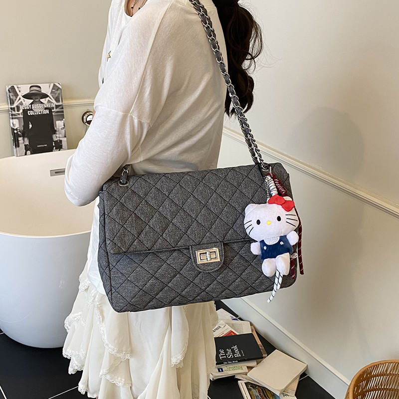 Dia Pattern Denim Shoulder Bag, Fashionable Chain Cross Body Handbag, Large Capacity dh1899503